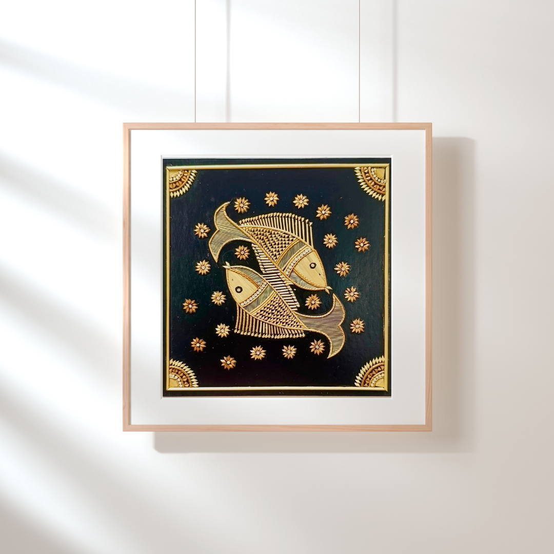 Handcrafted Sikki art wall decor featuring intricate designs woven from natural golden grass, showcasing traditional craftsmanship.