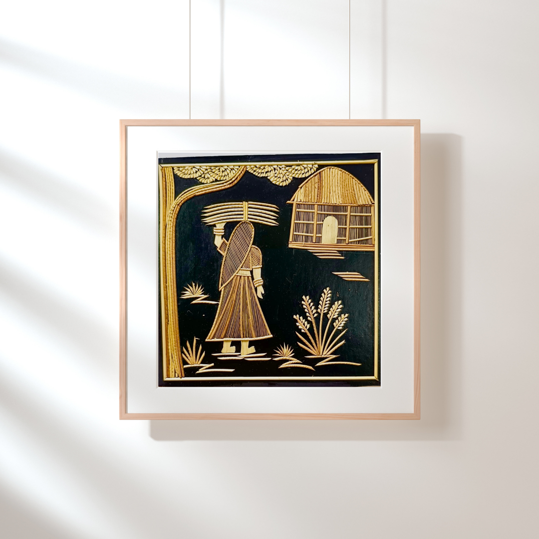 Handcrafted Sikki art wall decor featuring intricate designs woven from natural golden grass, showcasing traditional craftsmanship.