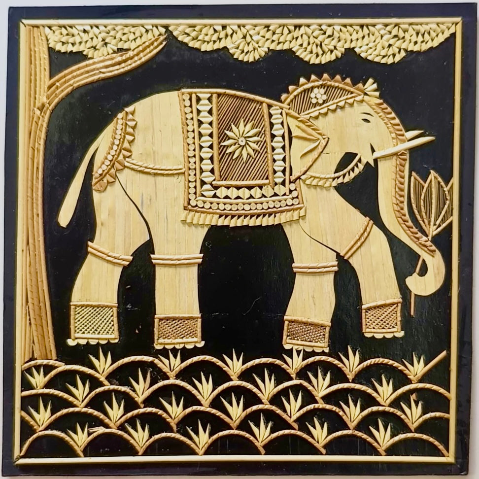 Handcrafted Sikki art wall decor featuring intricate designs woven from natural golden grass, showcasing traditional craftsmanship.