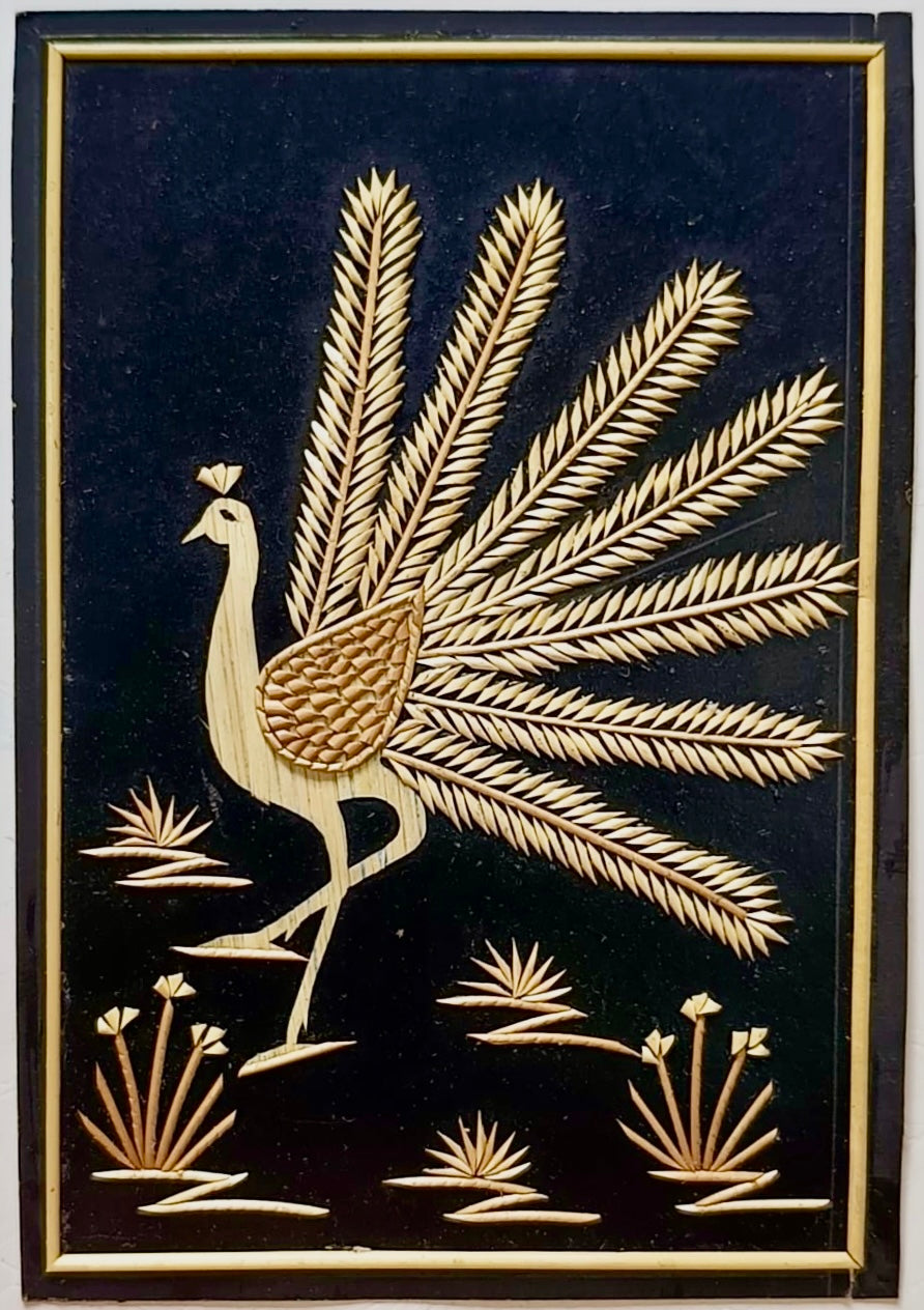 Handcrafted Sikki art wall decor featuring intricate designs woven from natural golden grass, showcasing traditional craftsmanship.