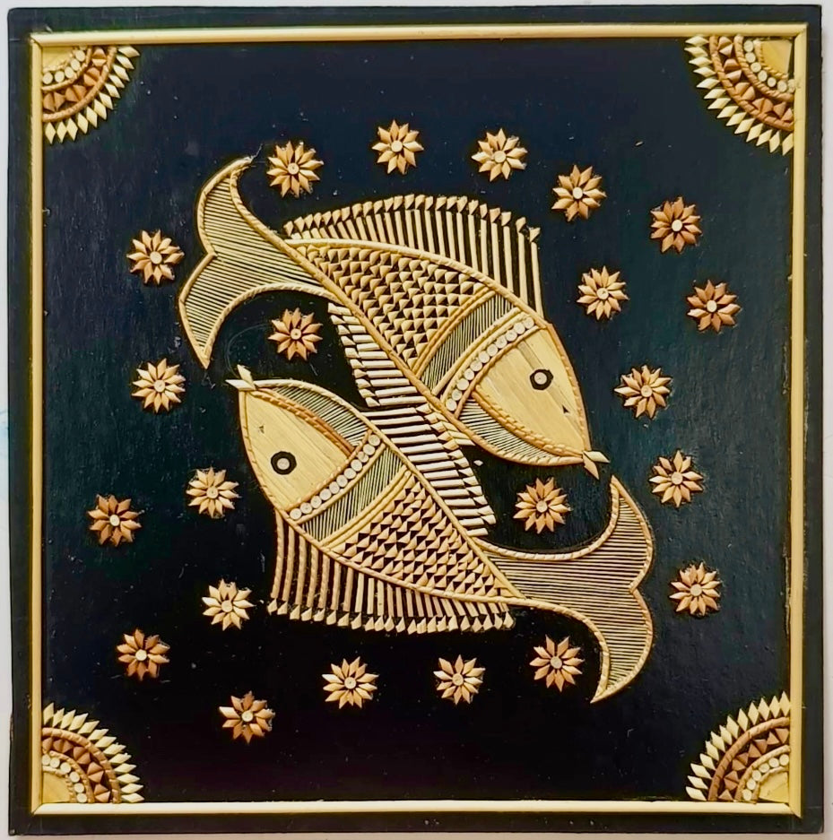 Handcrafted Sikki art wall decor featuring intricate designs woven from natural golden grass, showcasing traditional craftsmanship.