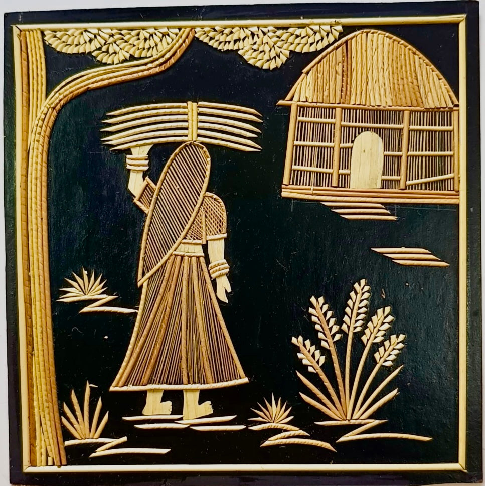 Handcrafted Sikki art wall decor featuring intricate designs woven from natural golden grass, showcasing traditional craftsmanship.