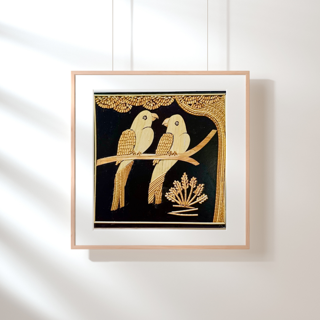Handcrafted Sikki art wall decor featuring intricate designs woven from natural golden grass, showcasing traditional craftsmanship.