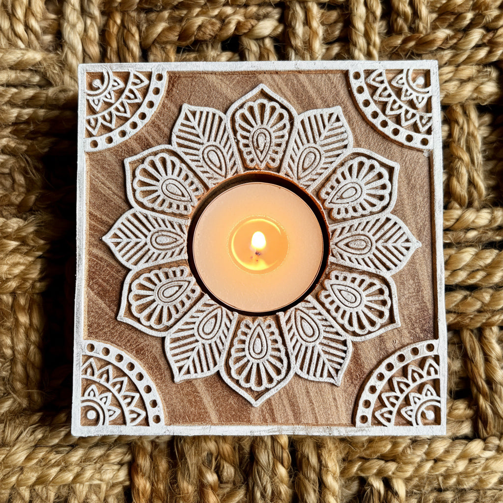 Hand engraved Wooden block tea light holder with intricate lace pattern on a textured brown background