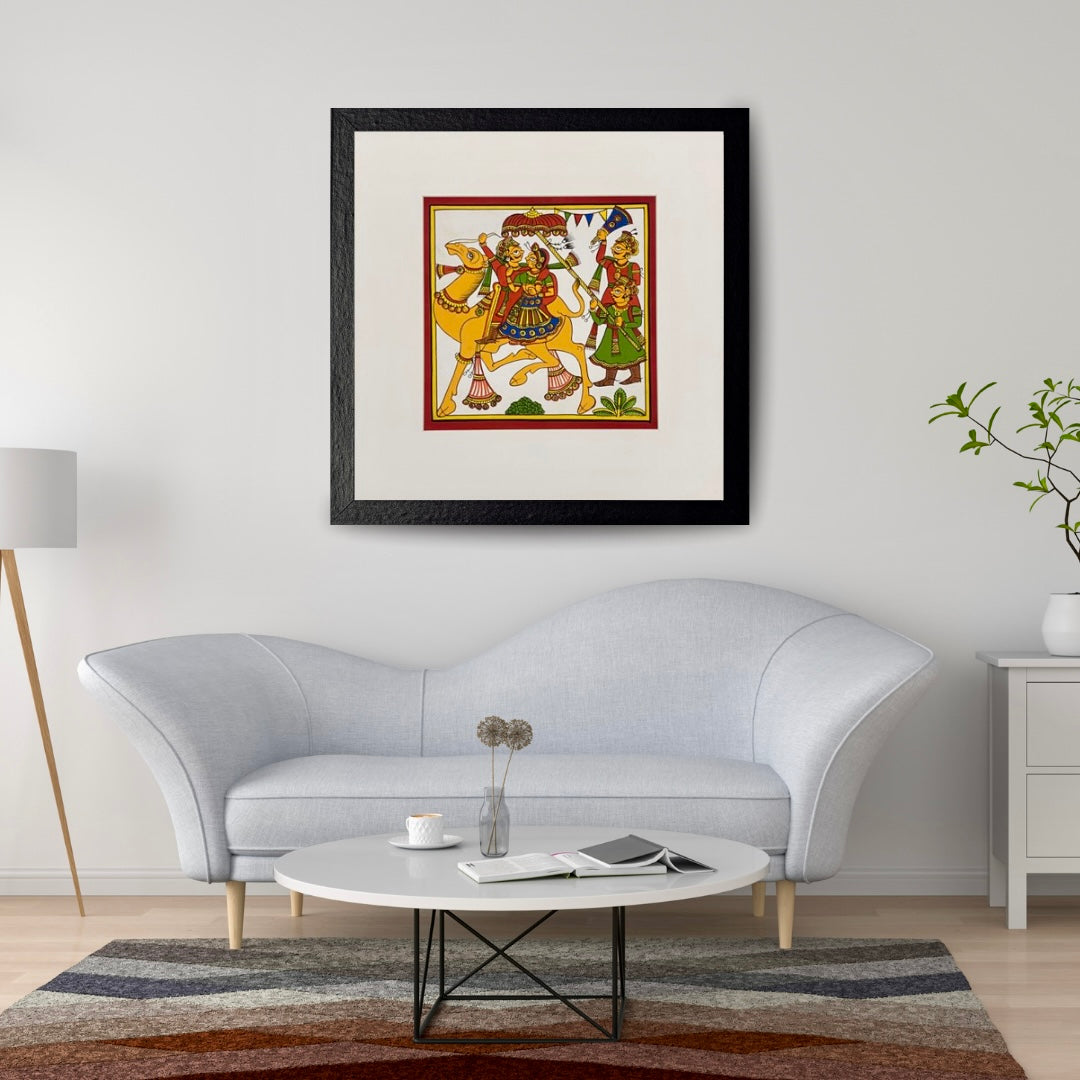 Hand-painted Phad art from Rajasthan, 			vibrant depiction of local legends on fabric scrolls.