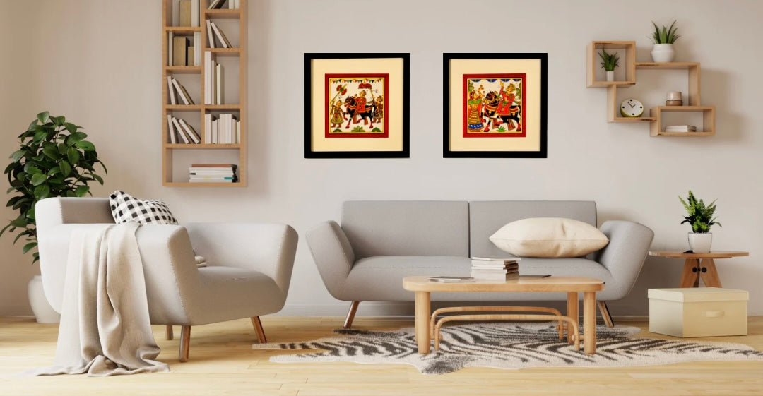 Hand-painted Phad art from Rajasthan, 			vibrant depiction of local legends on fabric scrolls.