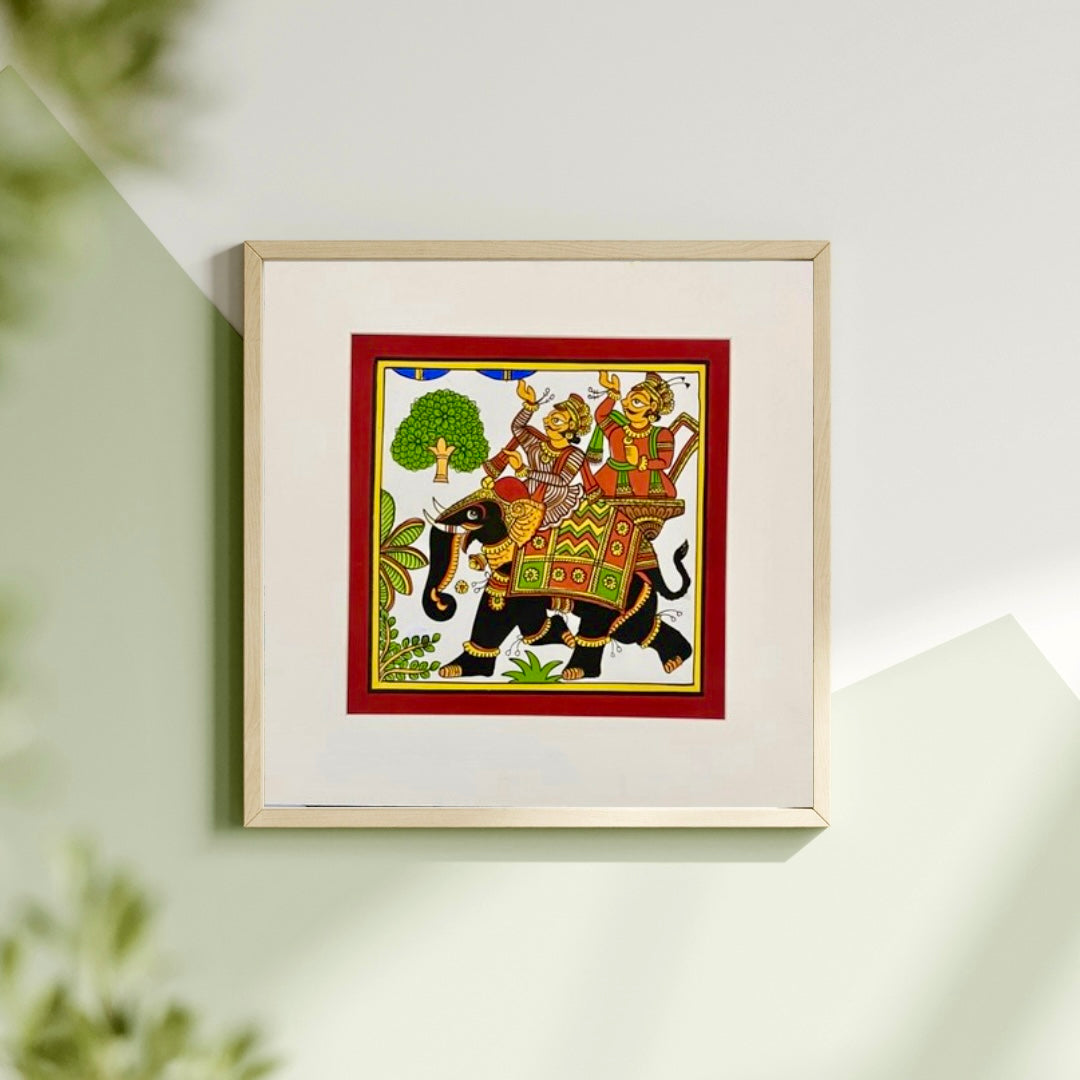Hand-painted Phad art from Rajasthan, 			vibrant depiction of local legends on fabric scrolls.