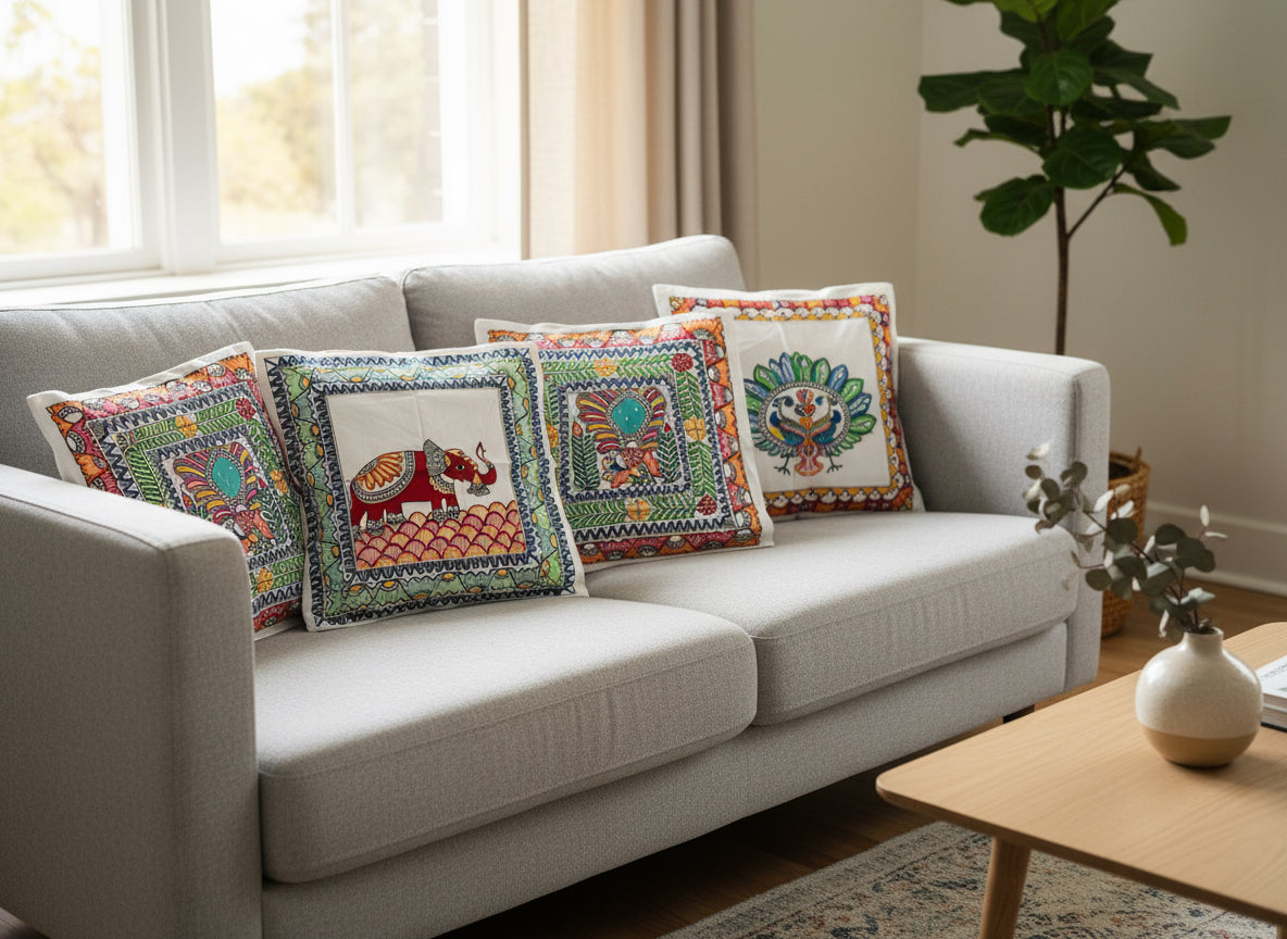 Colorful Madhubani-style artwork with elephants on white fabric cushion covers