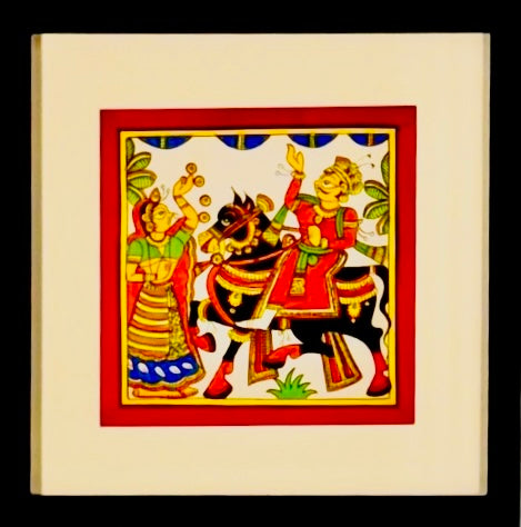 Hand-painted Phad art from Rajasthan, 			vibrant depiction of local legends on fabric scrolls.