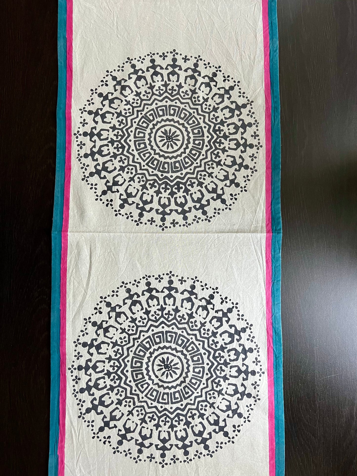 Pure cotton hand block printed table runner, featuring intricate patterns and vibrant colors, adding a touch of traditional craftsmanship to your dining decor.