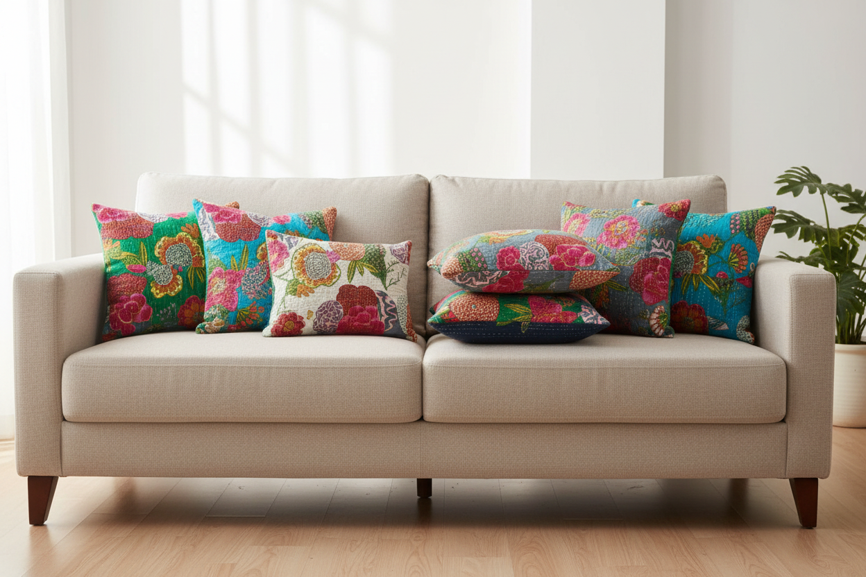 Beige sofa with colorful floral Kantha work cushions in a bright room.
