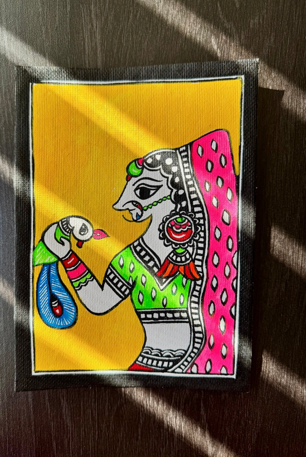 Charming small-sized Madhubani art paintings, featuring intricate hand-painted designs with vibrant colors and traditional motifs. A perfect blend of cultural heritage and artistic beauty to enhance your space.