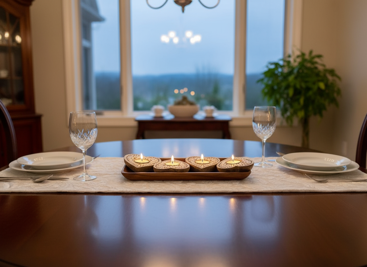 Dining table set with plates, glasses, and a tray of candles in a room with large windows.