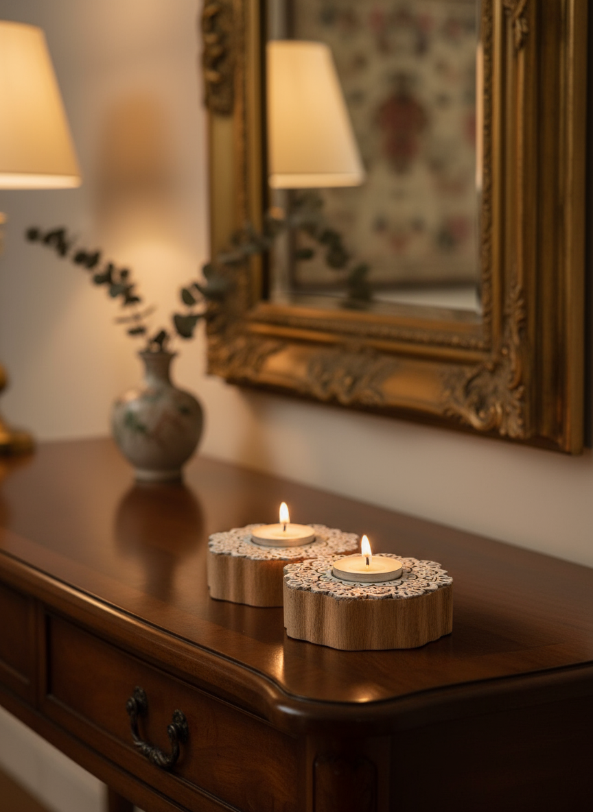 Two lit candles in decorative holders on a wooden surface with a mirror and lamp in the background.