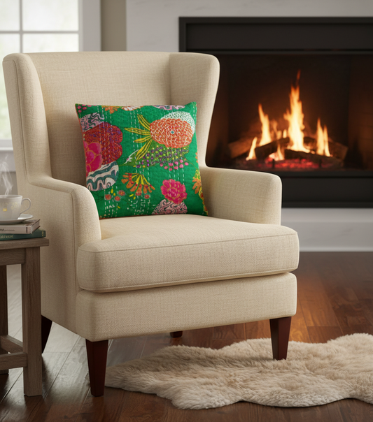 Green pillow on a beige chair