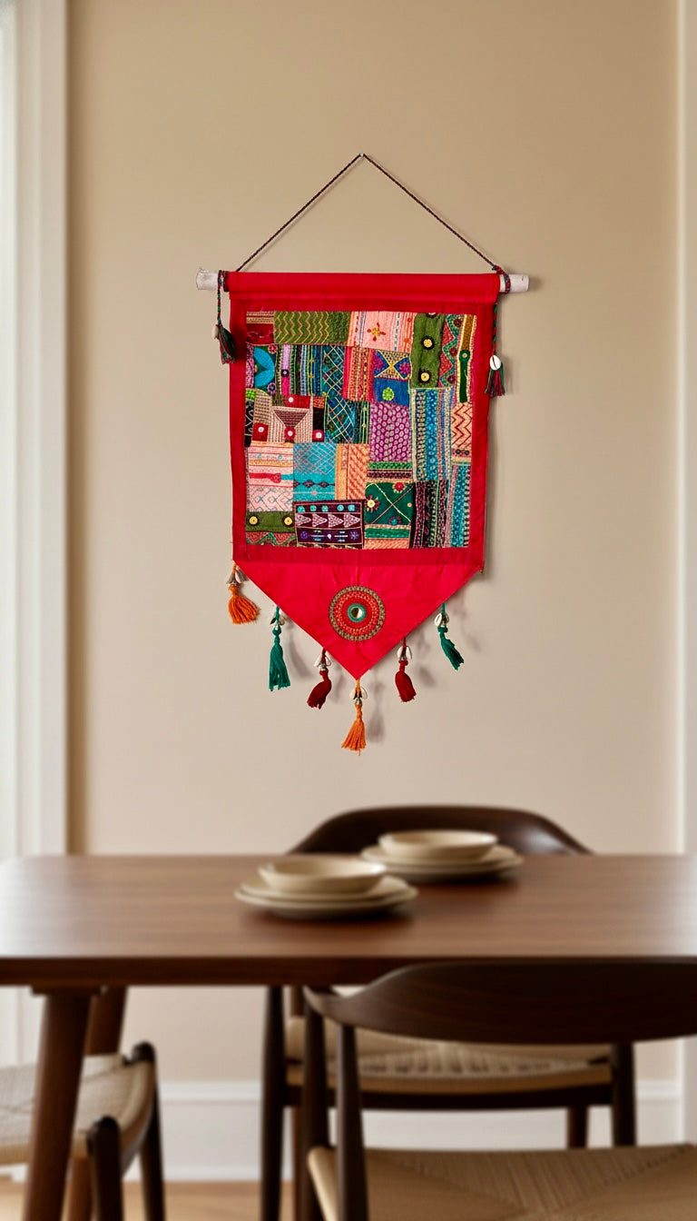 Aaina - Handcrafted Embroidery Lambani Line wall hanging featuring intricate embroidery and vibrant colors.