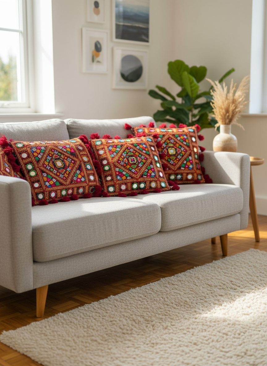 Ghar - Timeless home linens, Kutchi cushion covers on a sofa
