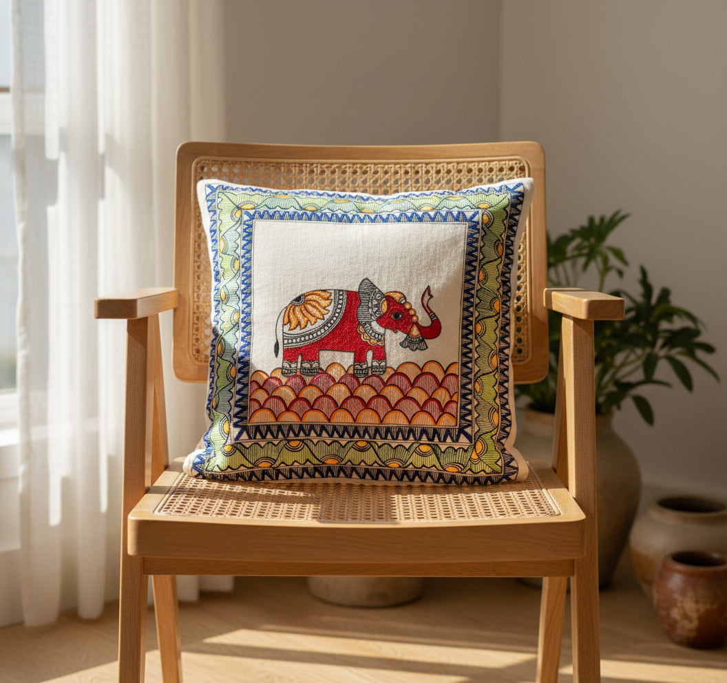 Decorative square cushion cover with a colorful elephant Madhubani art design on a wooden surface