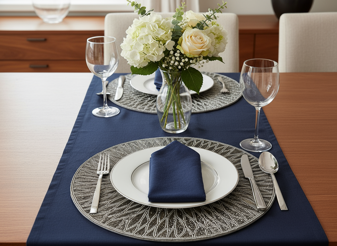 Dining table set with blue napkin, silverware, and floral centerpiece.