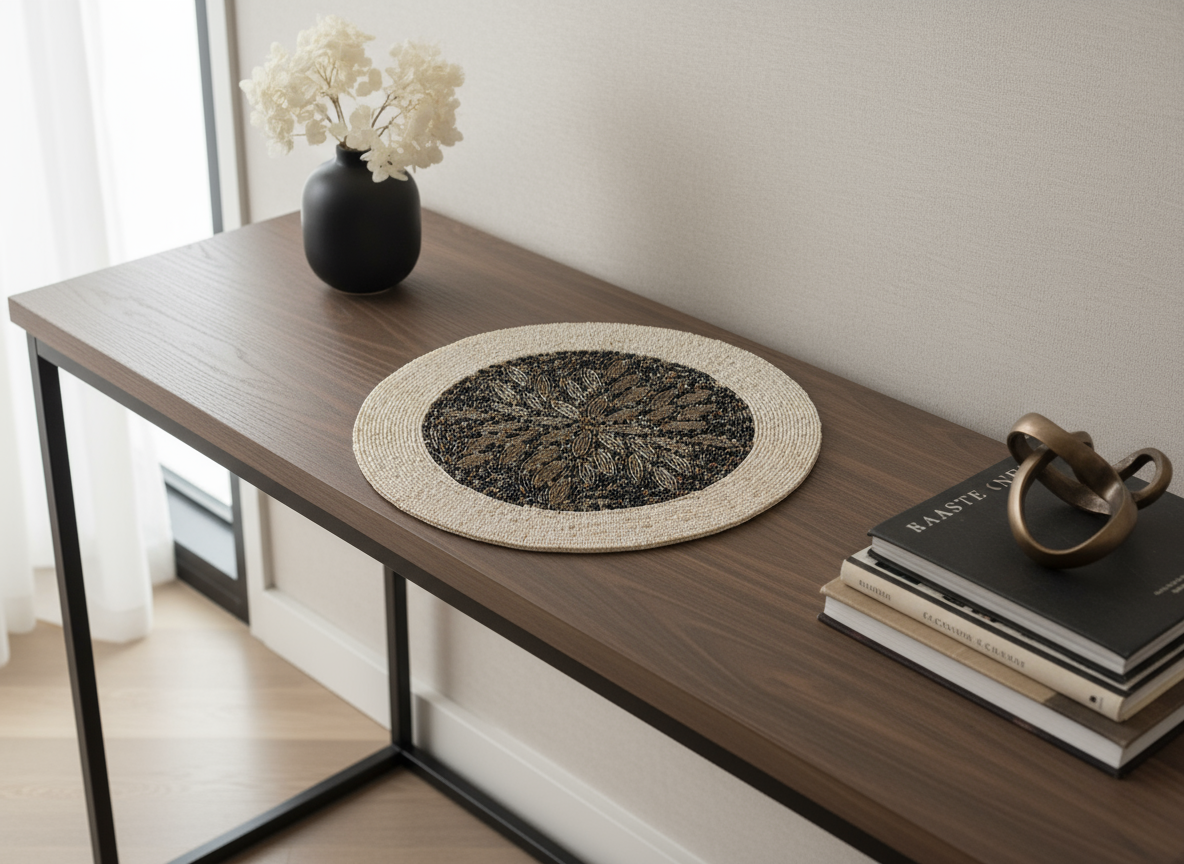 Wooden console table with decorative items including a vase, round mat, and books.