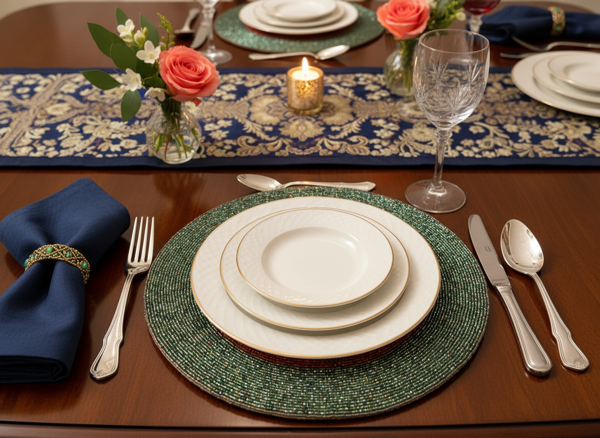 Elegant table setting with plates, cutlery, and floral arrangements on a wooden table.