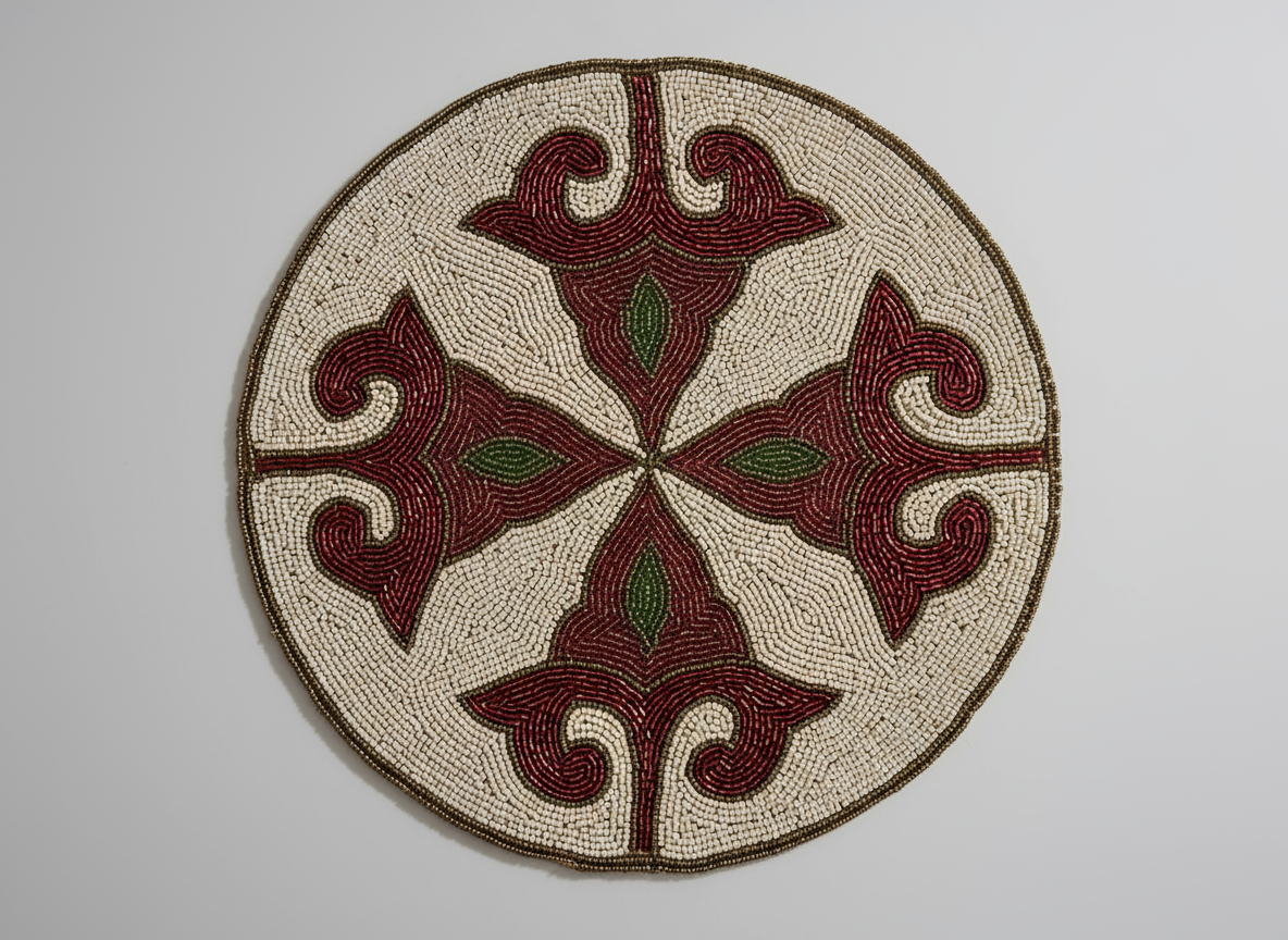 Round decorative item with intricate pattern on a plain background