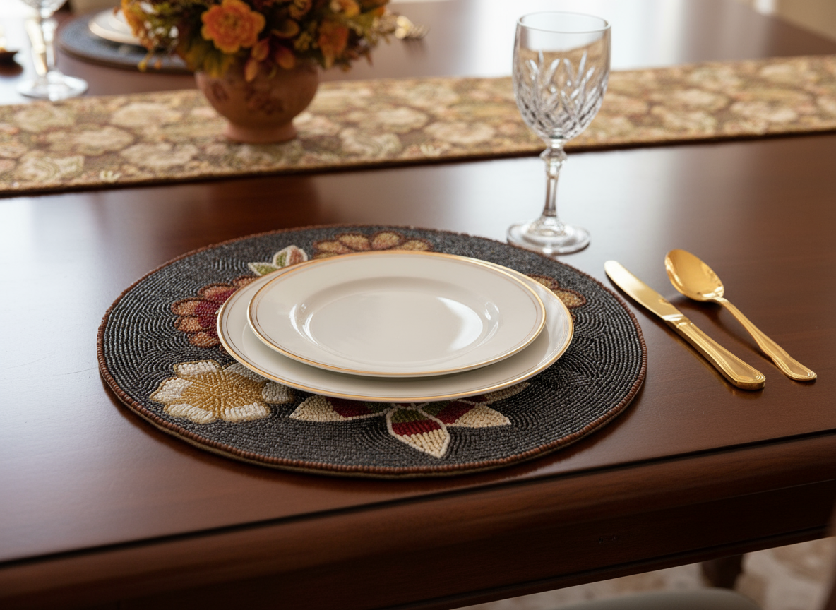 Dining table setting with plates, cutlery, and a decorative placemat.