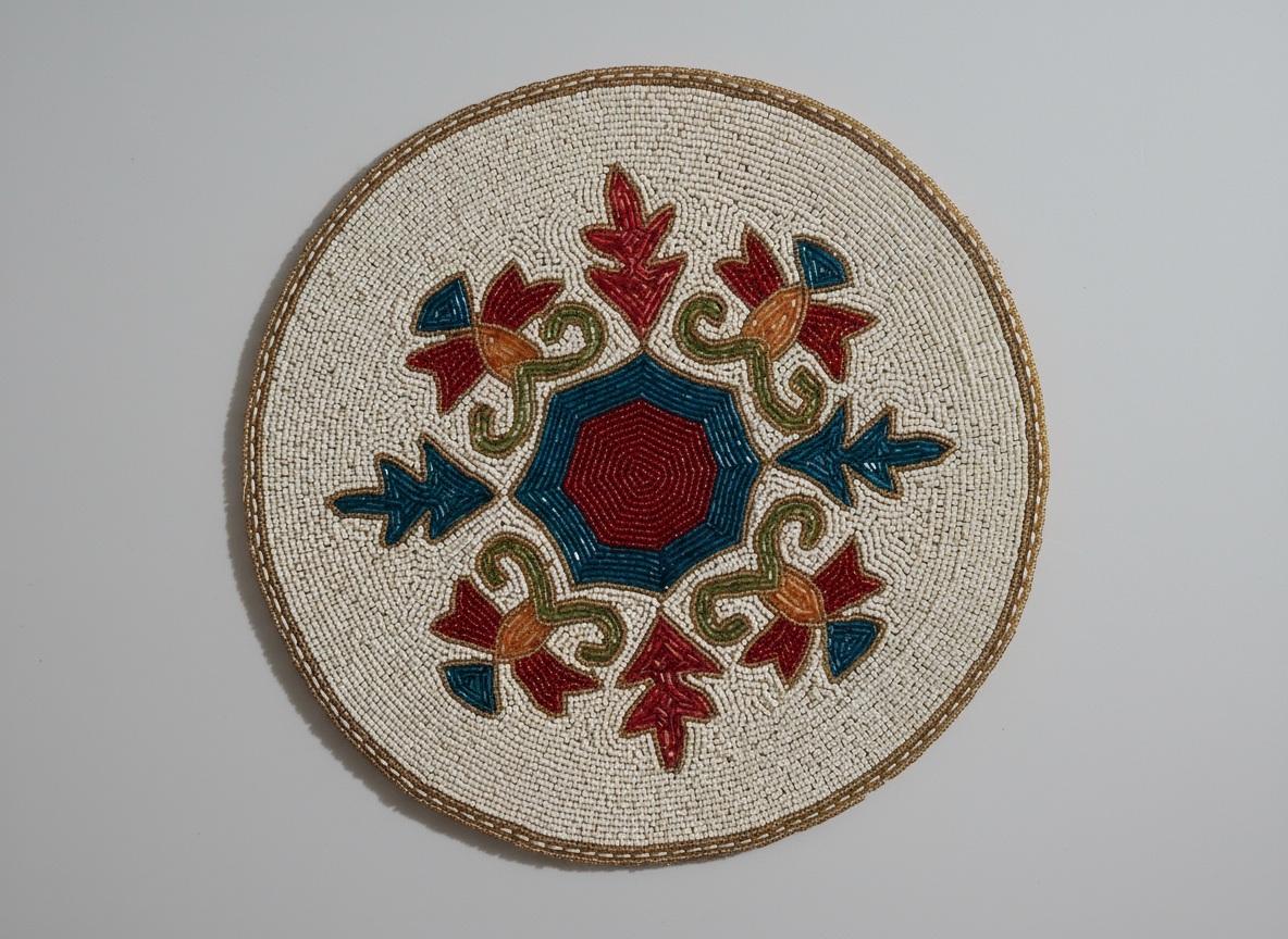 Round embroidered coaster with floral patterns on a plain background