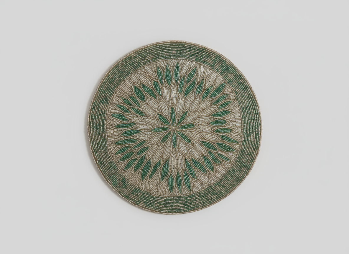 Round woven coaster with green pattern on a light gray background