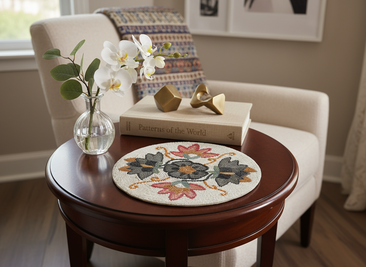 Round wooden table with decorative plate, vase of flowers, and books in a living room setting.