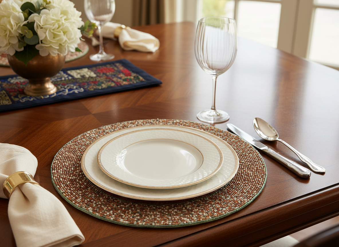 Dining table setting with plates, glasses, and cutlery on a wooden table.