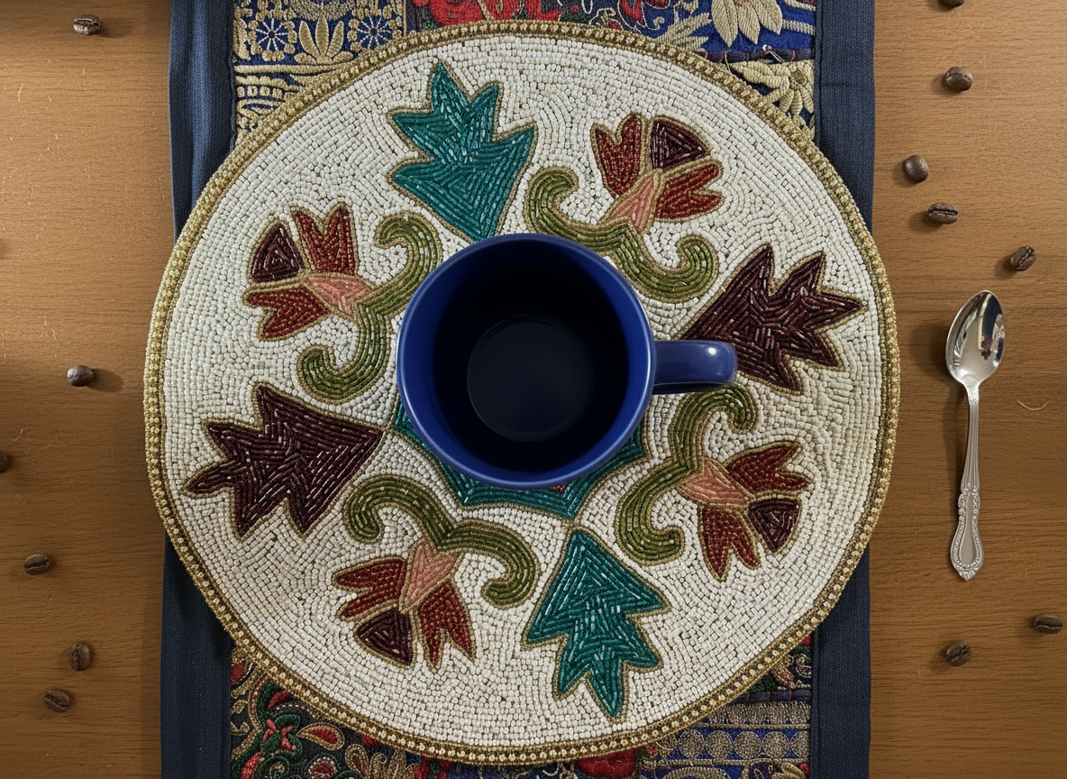 Decorative plate with floral patterns holding a blue mug on a wooden surface.