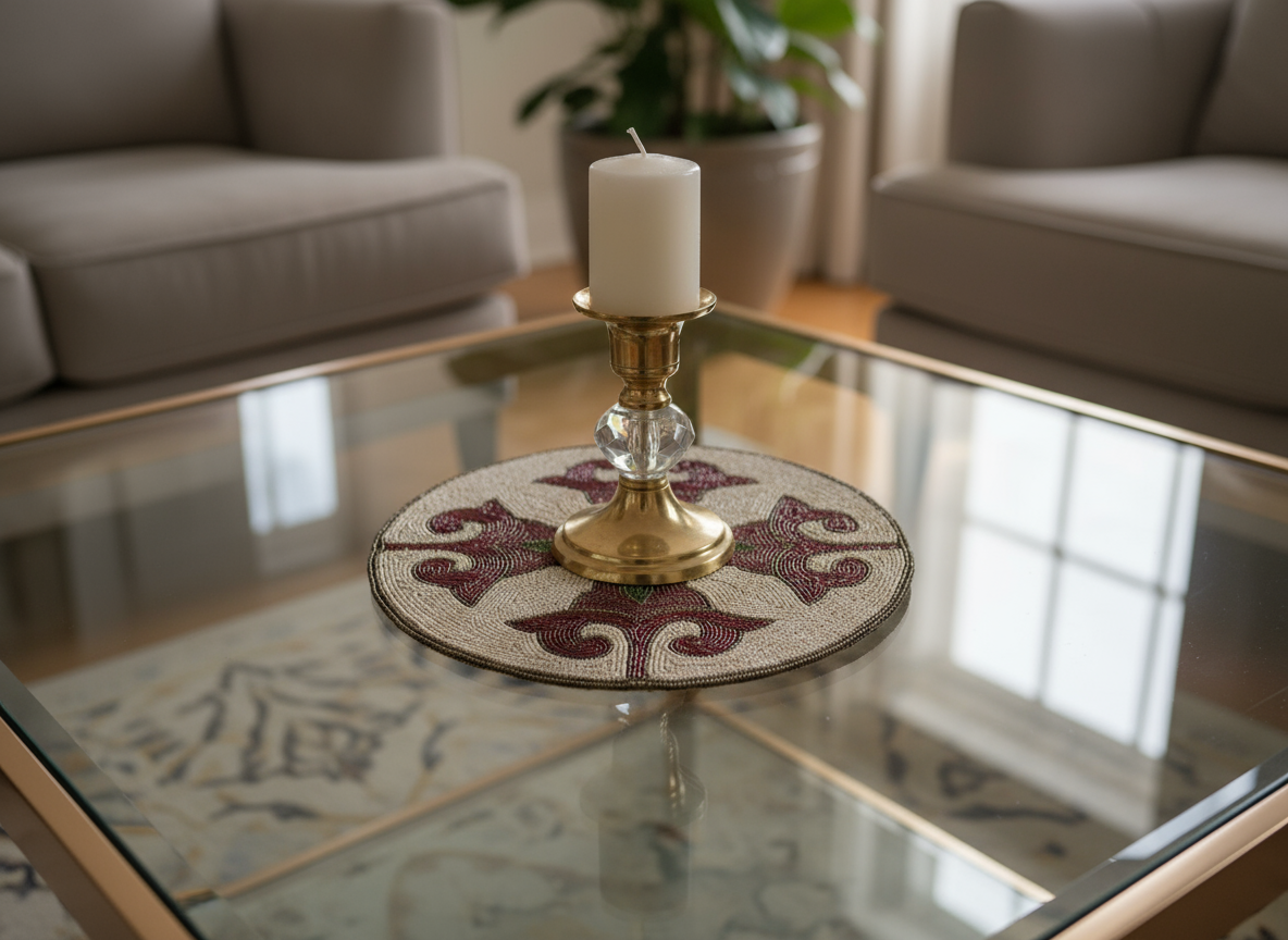 Decorative candle holder with a white candle on a glass coffee table in a living room.