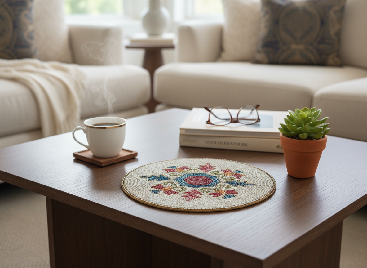 Coffee table with a cup, coaster, decorative mat, books, and potted plant in a living room setting.