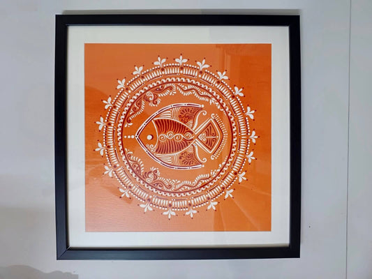 Handcrafted Alpona art wall decor featuring intricate, traditional Bengali motifs in elegant, flowing patterns.