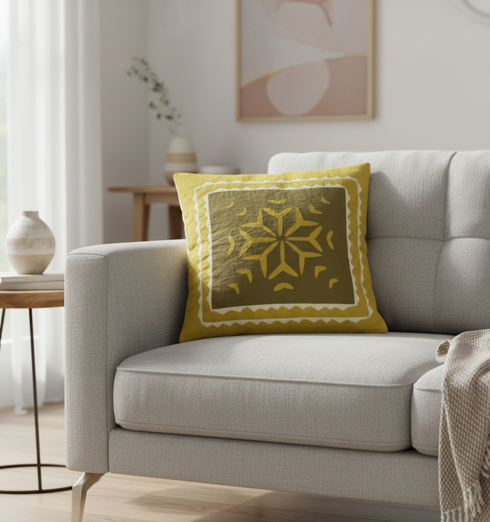 Gray sofa with a yellow patterned pillow in a living room setting
