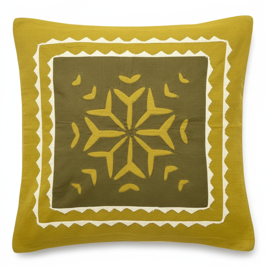 Green pillow with yellow floral pattern on a white background