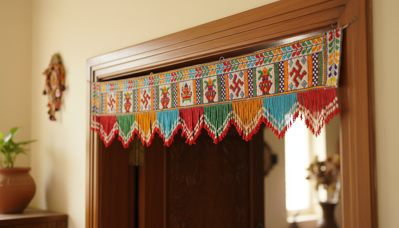 Decorative valance with colorful patterns on a wooden door.