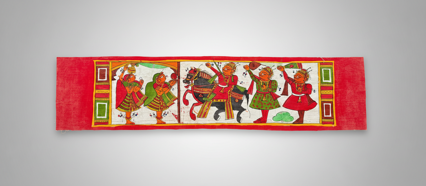 Decorative tapestry with colorful designs on a red background