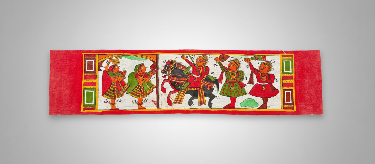 Decorative tapestry with colorful designs on a red background