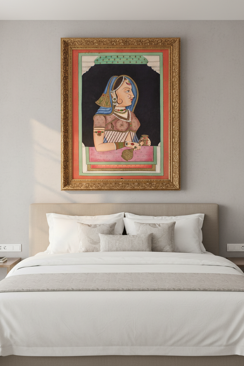 Framed artwork above a bed in a bedroom setting