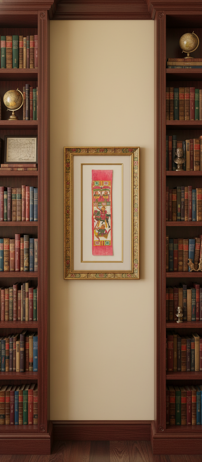 Wooden bookshelves with books and a framed picture on a beige wall.