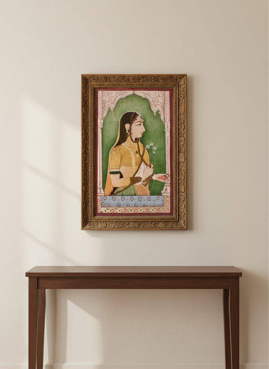 Framed artwork of a woman on a wall above a wooden table