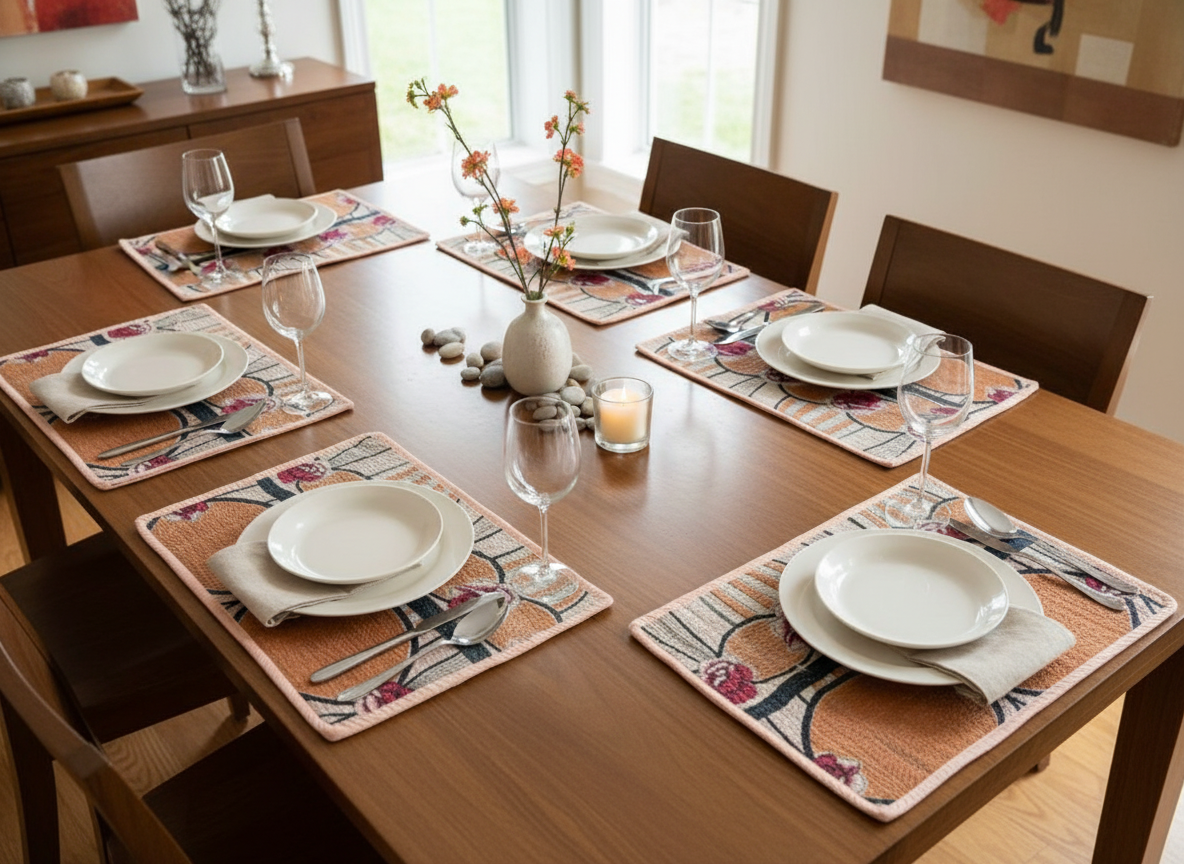 Dining table set with plates, glasses, and decorative placemats in a bright room.