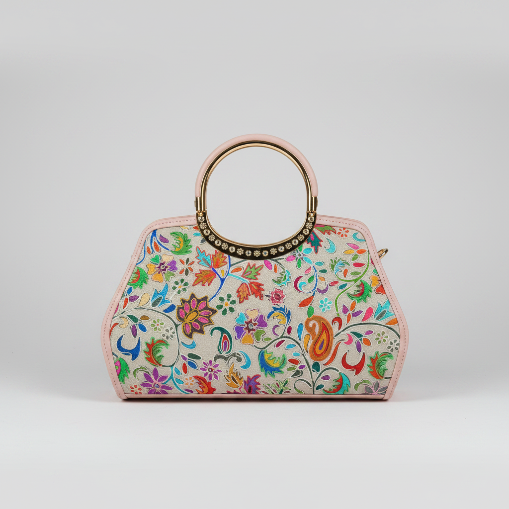 Colorful Kashmiri floral-patterned embroidery handbag with a gold handle on a light gray background