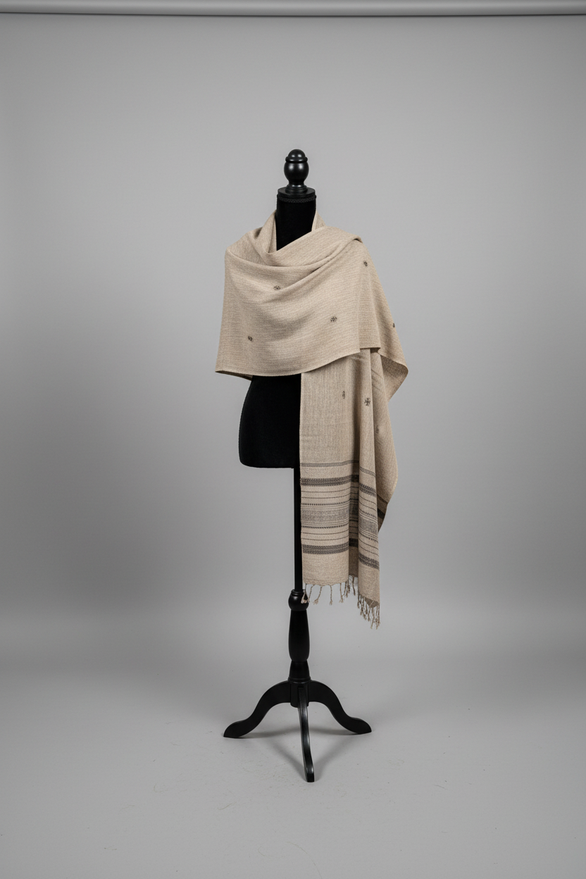Beige cotton stole/scarf draped over a mannequin on a gray background