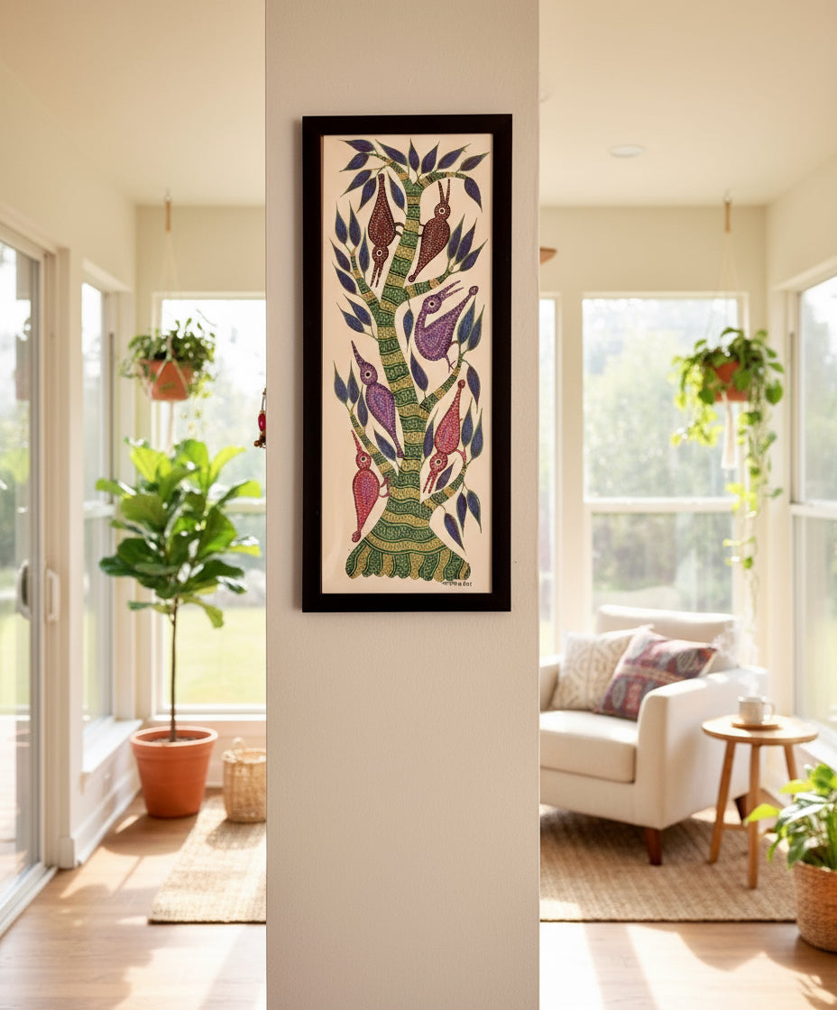 Hand-painted Bhil art wall decor featuring intricate tribal patterns and vibrant dot work, inspired by nature and folklore.