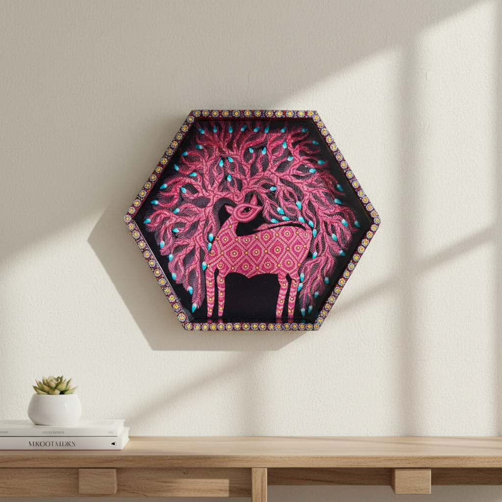 Hexagonal wall art with pink tree design on a light beige wall