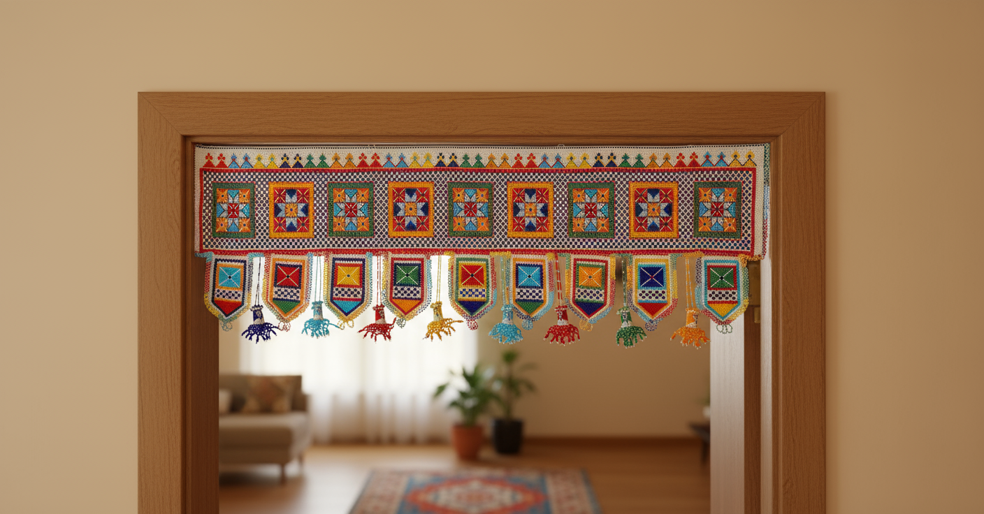 Decorative doorway valance with colorful patterns and tassels hanging in a doorway.