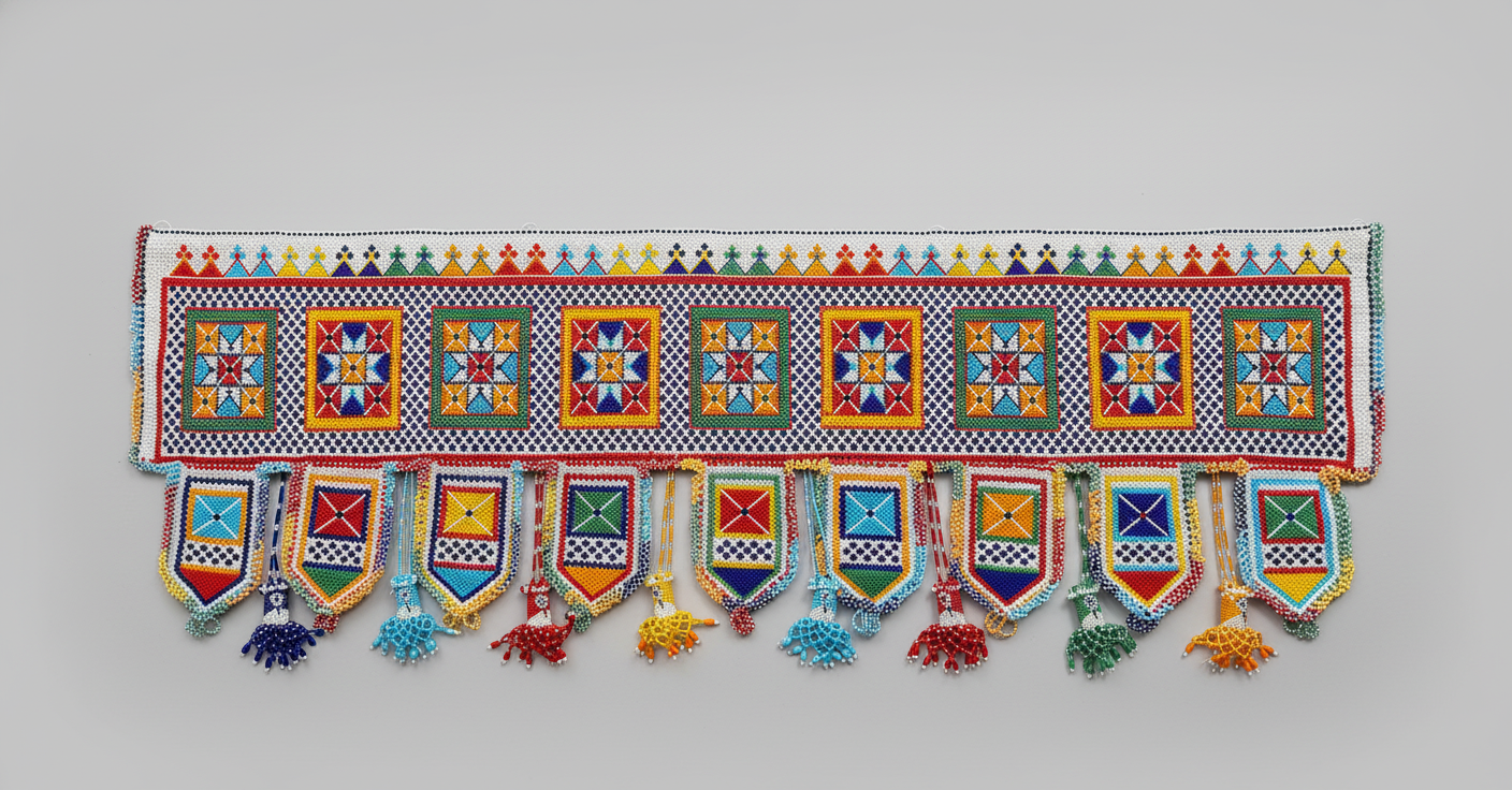Decorative banner with colorful patterns and tassels on a light gray background